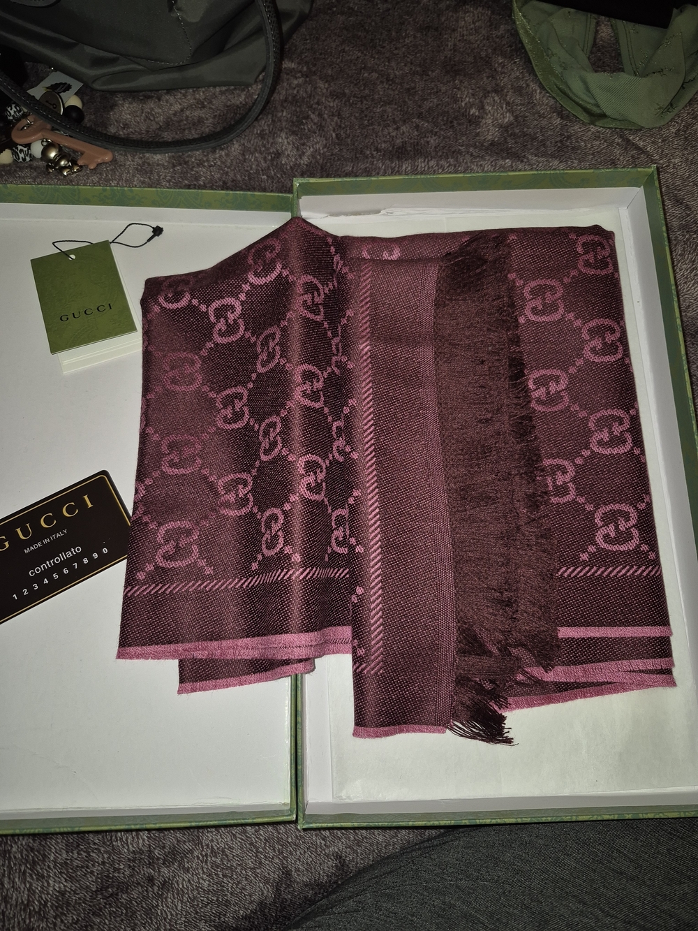 Gucci Women's GG Jacquard Scarf - Burgundy and Pink - Picture 2 of 9